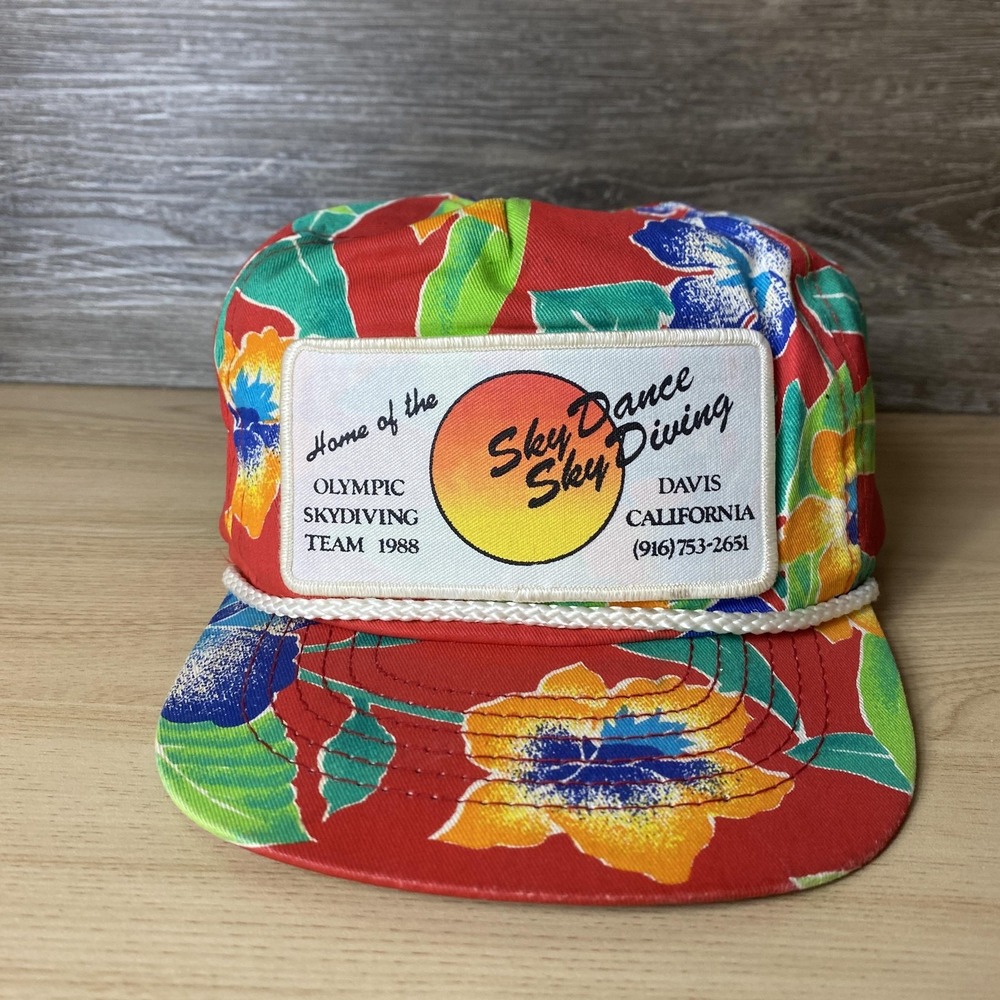 Vintage Sky Dance Skydiving Hat Cap Snap Back Red Floral Olympic Davis 80s Mens